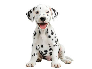 Dalmatian puppy with black spots sitting playfully, isolated on transparent background