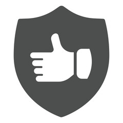 Shield with thumb up hand solid icon, black friday concept. Vector graphics. Positive feedback emblem sign on white background, glyph style icon for mobile or web design.