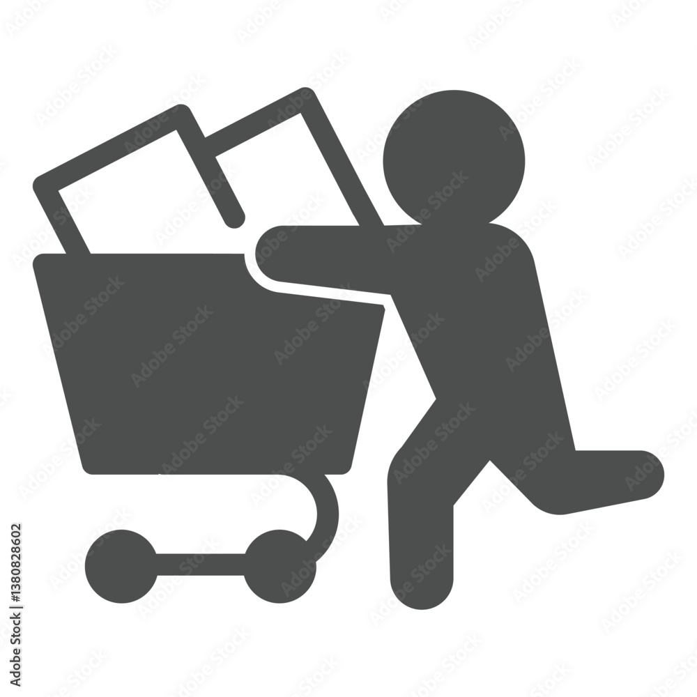 Poster man running with full cart solid icon, black friday concept. vector graphics. shopper with purchase 