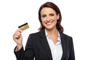 Confident business woman holding credit card in hand ready to make a purchase and smile while dressed in business attire