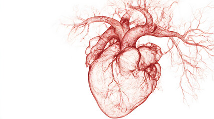 A stunning red illustration of a human heart, showcasing its intricate vascular structure on a white background.