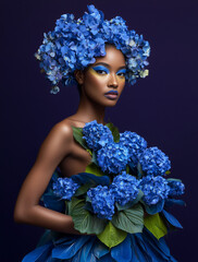 Portret kobiety w otoczeniu niebieskich hortensji. Artystyczny makijaż i kwiatowa stylizacja tworzą luksusowy, surrealistyczny efekt. Idealne do beauty, editorial i reklamy.