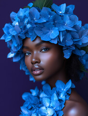 Portret kobiety w otoczeniu niebieskich hortensji. Artystyczny makijaż i kwiatowa stylizacja tworzą luksusowy, surrealistyczny efekt. Idealne do beauty, editorial i reklamy.