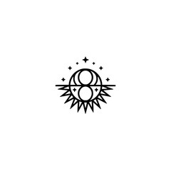 Celestial Number 8 Logo: Sun, Moon, Stars, Minimalist Design