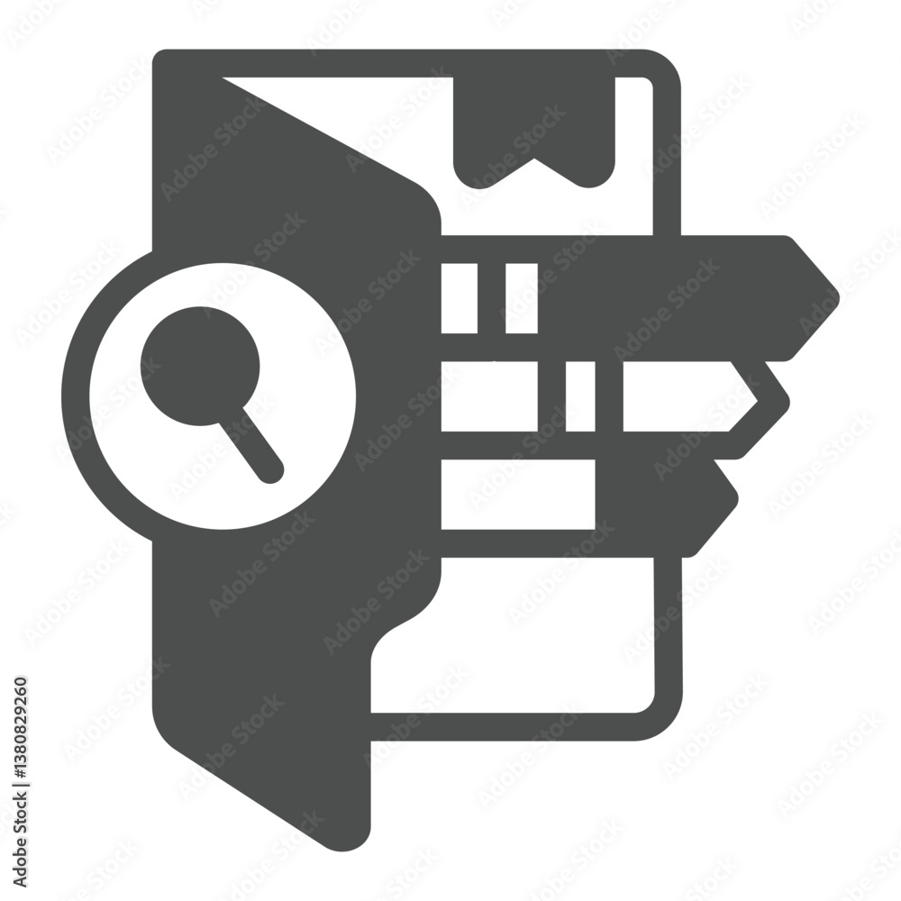 Poster folder with bookmarks and magnifier solid icon, categorized data concept. vector graphics. search da