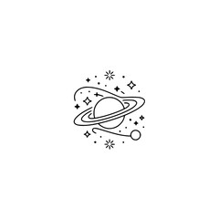 Minimalist Saturn Icon with Stars - Line Art Space Illustration