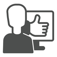 Man and monitor with thumb up hand solid icon, personal data concept. Vector graphics. User positive feedback data sign on white background, glyph style icon for mobile or web design.
