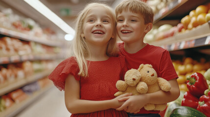 Joyful Children Holding Stuffed Animals and Singing in Supermarket Aisle

