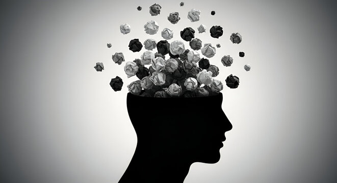Silhouette of a human head with crumpled paper balls exploding outward, symbolizing creative thinking, ideas, brainstorming, innovation, problem-solving, and imagination. Abstract mind concept.