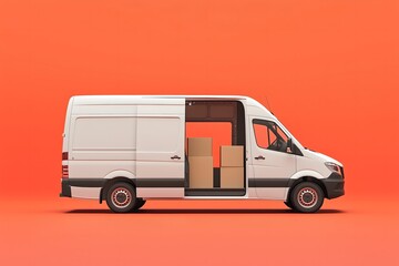 White van with open side door full of cardboard boxes against orange background. Delivery service for shop, cargo shipping and moving company concept, mock up template.