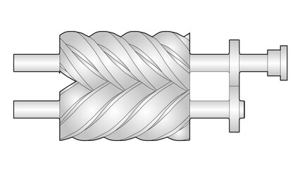 Screw compressor turbomachinery drawing showing rolling element bearings and coupling flange