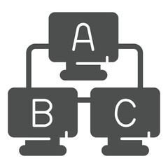 Obraz premium Three monitors with letters solid icon, network concept. Vector graphics. Local area wired connection sign on white background, glyph style icon for mobile or web design.