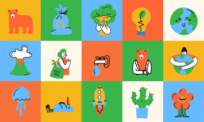 Cartoon eco stickers save the ocean in retro groovy style. Water, environmental stickers, bio, environmental protection. World Water Day Label