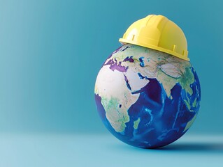 Yellow hard hat placed on Earth, symbolizing labor and global workforce unity for International Workers' Day, set against a clean white background in a minimalist style. 
