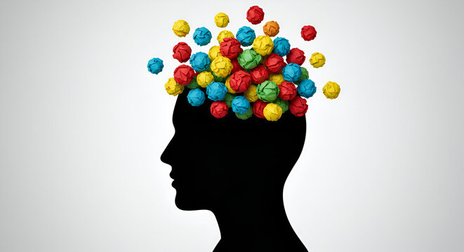 Creative mind concept with colorful paper balls exploding from a silhouette head, symbolizing ideas, innovation, and mental energy.