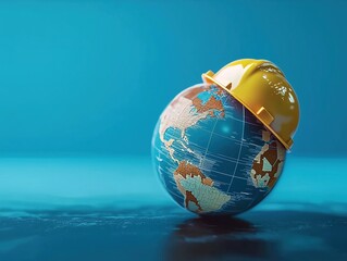 Earth wearing an engineer’s hard hat, symbolizing the worldwide influence of architecture and engineering across cultures, set against a bright and soft blue background. 