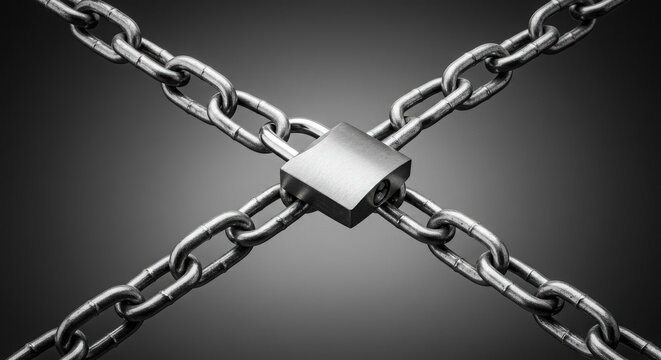 Close-up of interlocking metal chains with a padlock at the intersection, symbolizing strength and security