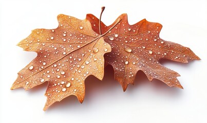 Fototapeta premium Two autumn leaves with water drops on white background