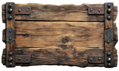 Antique wooden sign with metal brackets and rivets perfect for rustic decor and signage design, a vintage board texture with authentic look and feel
