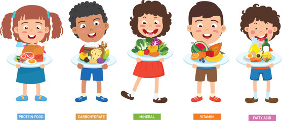 Kid with the five food group vector illustration