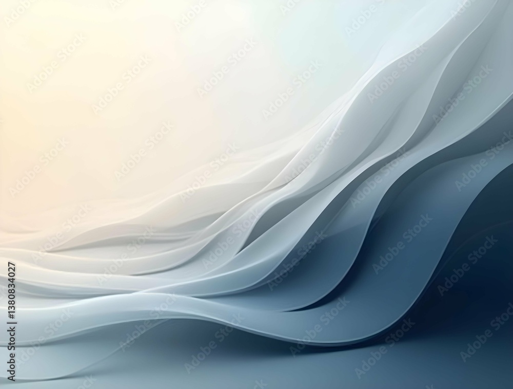 Poster abstract waves flow in shades of white and blue, creating a serene