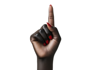 Gesture of empowerment with raised finger and red nails design on a transparent background, cut out