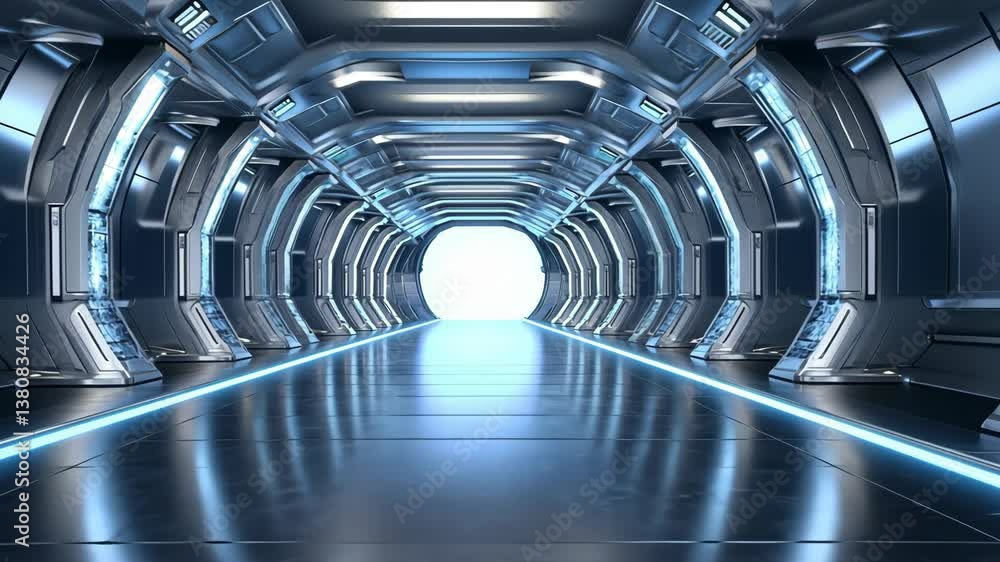 Poster futuristic corridor with illuminated walls leading to a bright exit in a sci-fi setting
