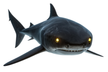 Shark with glowing eyes swimming in the ocean during twilight hours for creative design projects