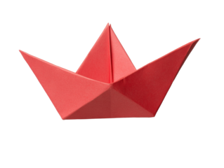 Red origami boat made for fun play on a transparent background, cut out