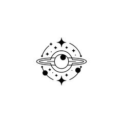Minimalist Space Icon: Celestial Eye with Stars, Black & White