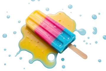 Colorful popsicle melting on a white surface with bright colors and splashes for summer enjoyment and refreshment
