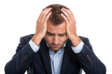 Concerned businessman holding head in frustration during stressful work situation