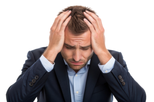 Concerned businessman holding head in frustration during stressful work situation