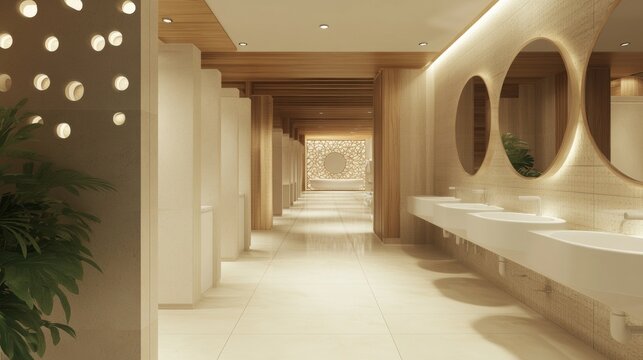Clean public restroom interior with white partitioned doors and multiple sinks, representing hygiene and sanitation in communal spaces