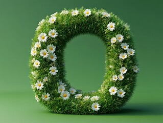 A grassy letter o with daisies growing out of it
