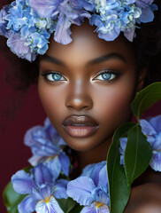 Portret kobiety w otoczeniu niebieskich hortensji. Artystyczny makijaż i kwiatowa stylizacja tworzą luksusowy, surrealistyczny efekt. Idealne do beauty, editorial i reklamy.
