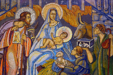 Mosaic of Christmas Nativity Scene with Virgin Mary, Saint Joseph, and Jesus baby.