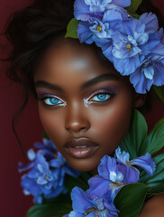 Portret kobiety w otoczeniu niebieskich hortensji. Artystyczny makijaż i kwiatowa stylizacja tworzą luksusowy, surrealistyczny efekt. Idealne do beauty, editorial i reklamy.