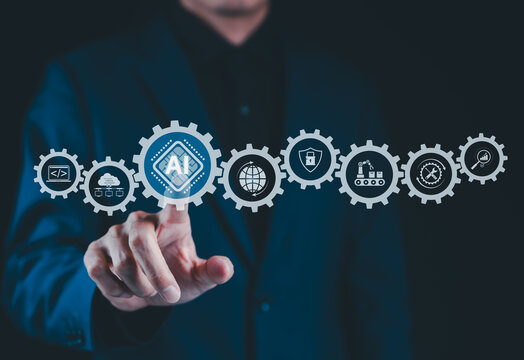 AI, Artificial Intelligence Technology in Digital Workflow. Businessman touches gear icon labeled AI, surrounded by technology icons, illustrating AI integration in digital processes and automation.
