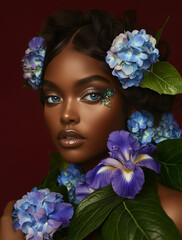 Portret kobiety w otoczeniu niebieskich hortensji. Artystyczny makijaż i kwiatowa stylizacja tworzą luksusowy, surrealistyczny efekt. Idealne do beauty, editorial i reklamy.