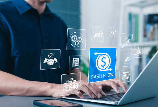 Cash flow management and financial analysis concept. Businessman using laptop with icons representing cash flow, financial management, budgeting, business growth, money technology, income, profit,