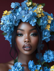 Portret kobiety w otoczeniu niebieskich hortensji. Artystyczny makijaż i kwiatowa stylizacja tworzą luksusowy, surrealistyczny efekt. Idealne do beauty, editorial i reklamy.