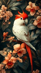Vibrant Cockatoo with Red Crest Perched Among Lush Floral Blooms
