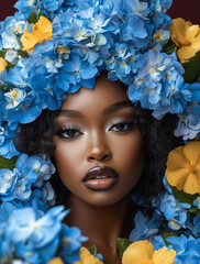 Portret kobiety w otoczeniu niebieskich hortensji. Artystyczny makijaż i kwiatowa stylizacja tworzą luksusowy, surrealistyczny efekt. Idealne do beauty, editorial i reklamy.