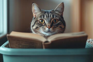 Curious cat engrossed in a book about feline success stories