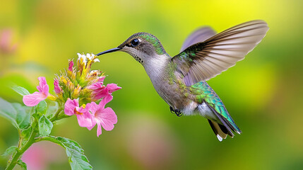 Fototapeta premium Hummingbird in mid-air, delicately sipping nectar from a vibrant flower in super slow motion. Suitable for marketing or business purposes