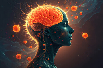 Obraz premium A radiant mind awakens, a vibrant burst of energy illuminating the neural pathways, with glowing orange orbs and a dark, mystical background.