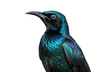 Stunning iridescent bird in profile view showcasing vibrant plumage and striking features, ideal for nature themes and educational purposes