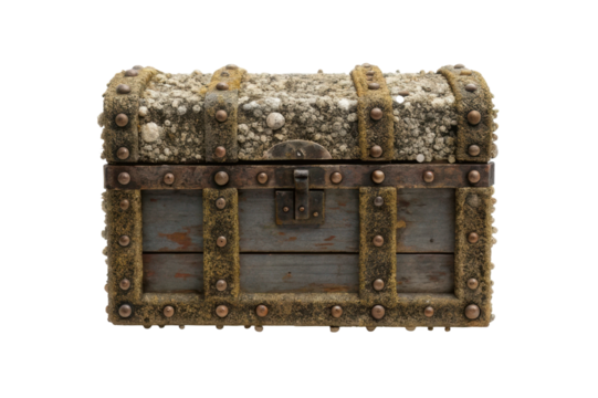 Vintage treasure chest with moss and barnacles for rustic decor and maritime themes