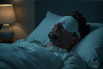 Man Using a Sleep Mask for Comfortable and Undisturbed Sleep in a Dark Bedroom